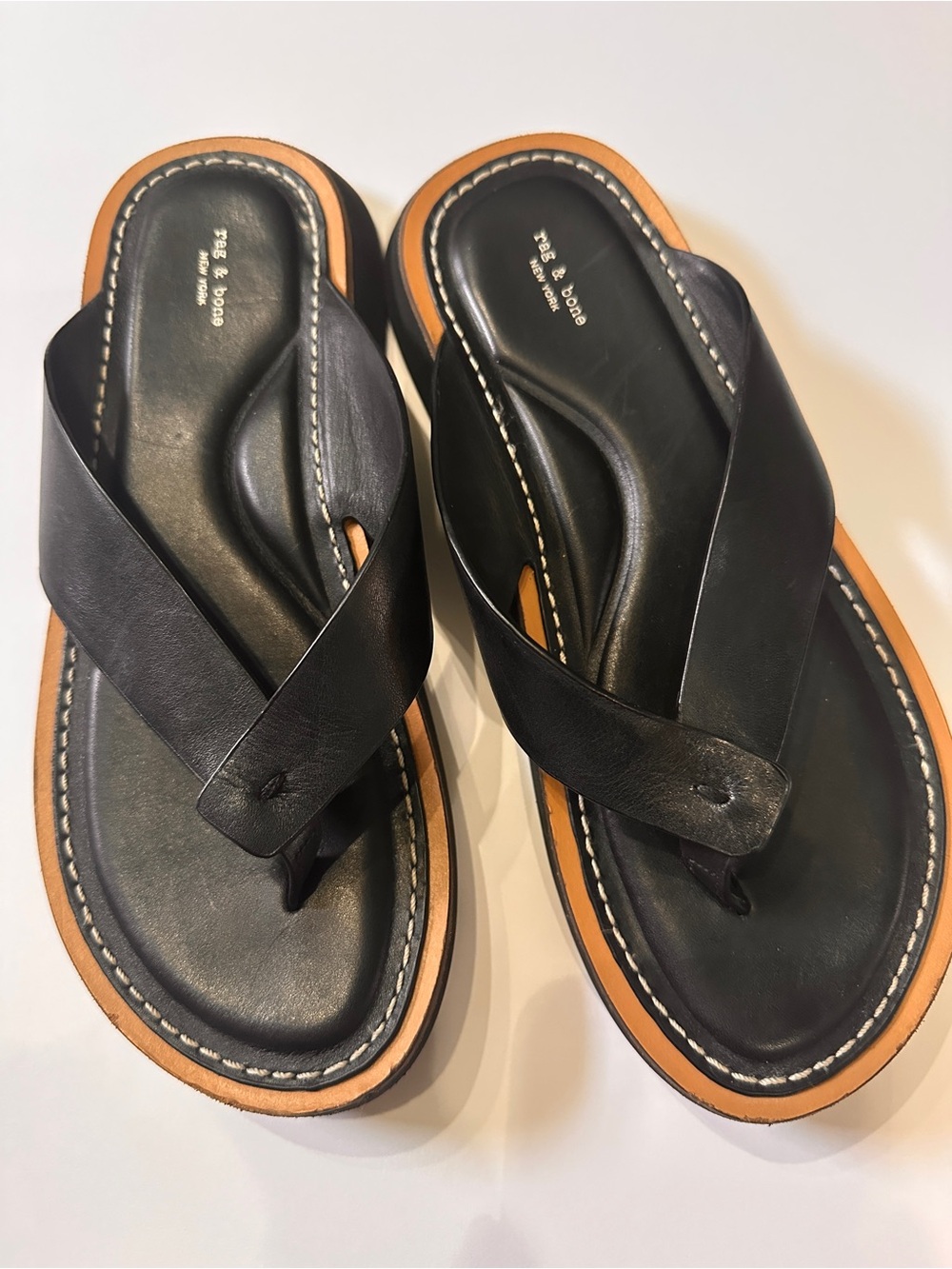 rag & bone Black Leather Cross-Strap Sandals with Tan Trim